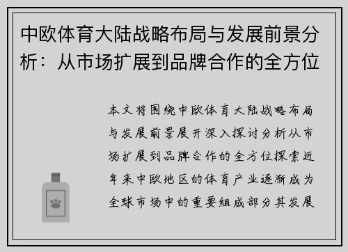 中欧体育大陆战略布局与发展前景分析：从市场扩展到品牌合作的全方位探索